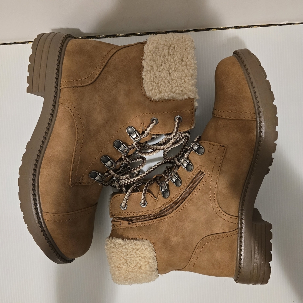 REPORT Camel Brown Combat Boot Faux Fur Detail Lace Up & Zipper Closure Size 9.5 - Picture 4 of 17